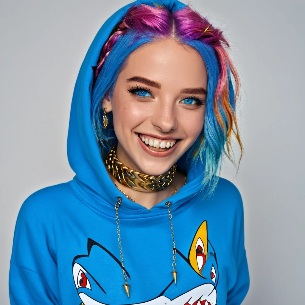 (masterpiece, best quality),  intricate details,, 1girl,     Gura, multicolored hair, blue eyes, shark hair ornament, gold hair ornament, gold choker, gold bracelet, sharp teeth, grin, blue hoodie,,  greek clothes, peplos,