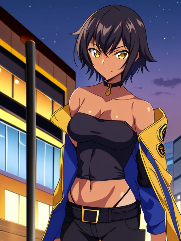 Code Geass style, outdoors, Empty City at Night, 1girl, solo, 26 years old, tomboy, Short Black Hair, (tan-bronze skin), yellow eyes, medium breasts, cleavage, (Midriff), ((Wearing: opened blue jacket, Strapless black top, Belt, Black Tight Pants:1.3)), toned, hourglass figure, athletic, agile physique, snarky expression, looking at viewer, wide smile, (agile physique:1.1), upper body , ((masterpiece))
