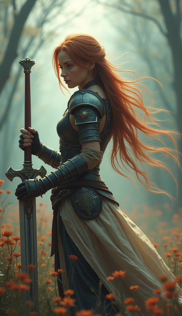 Theme of the game Final Fantasy. Image of a bronze-haired girl standing holding her favorite sword, wearing light armor in black and white, pastel colors, and dramatic tones. A masterpiece with the highest resolution , Image type surreal
