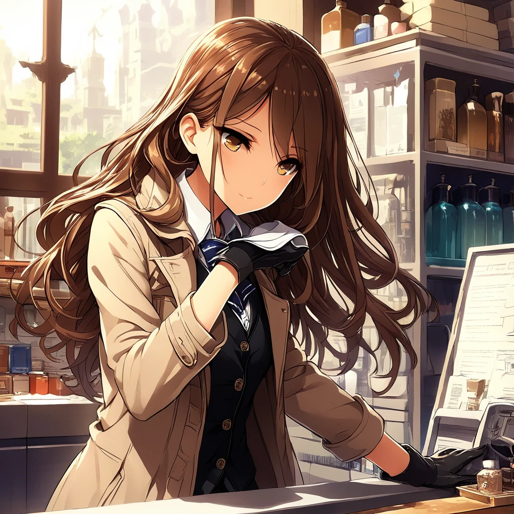 Masterpiece, Very detailed, Ultra-detailed, one shopkeeper, Masterpiece, Very detailed, Ultra-detailed, mid-length hair, brown hair, vest, over coat, hazel amber eyes, gloves, wiping counter