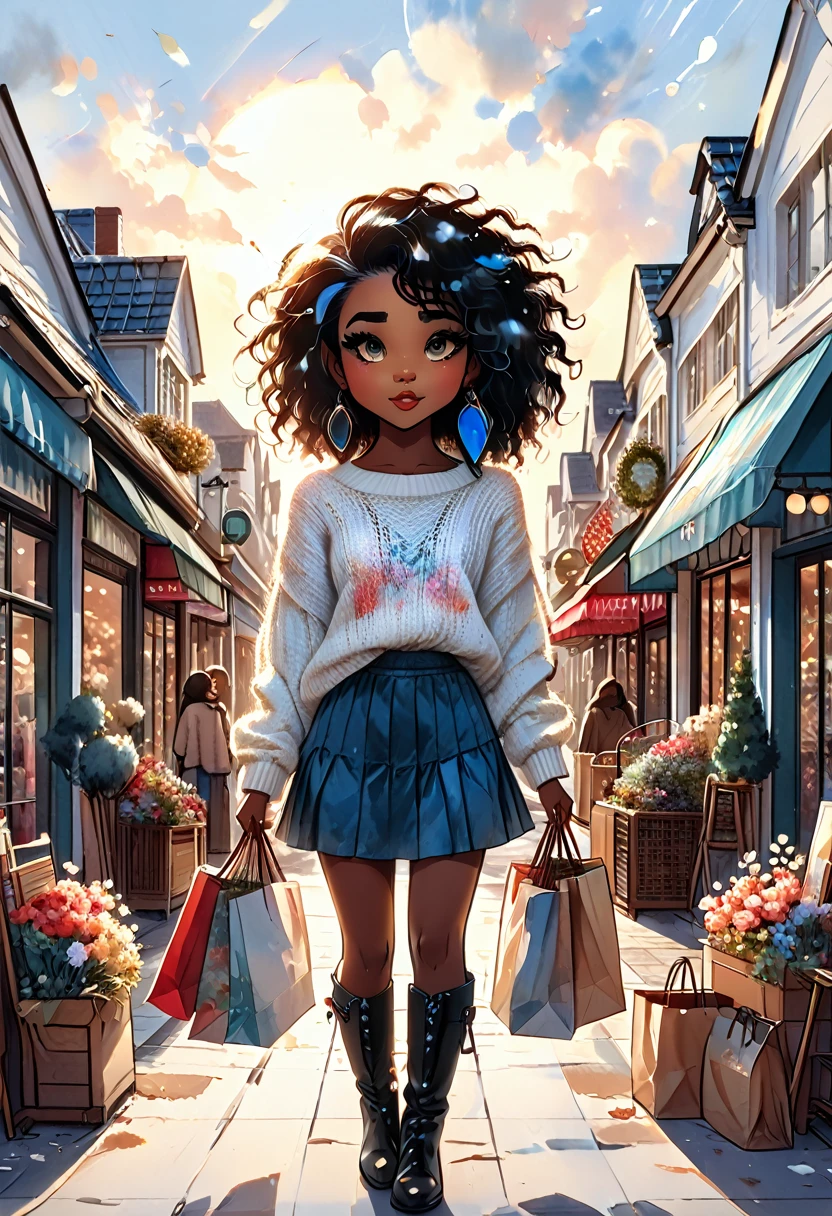 kawaii style, masterpiece, best quality, solo representation of a black woman with wavy black hair and blue eyes, looking straight at the viewer. She is wearing a white sweater paired with a black skirt and long black boots. The scene is depicted as a cartoon-style watercolor illustration. She is actively shopping, surrounded by various stores and shopping bags, creating a lively and dynamic environment.