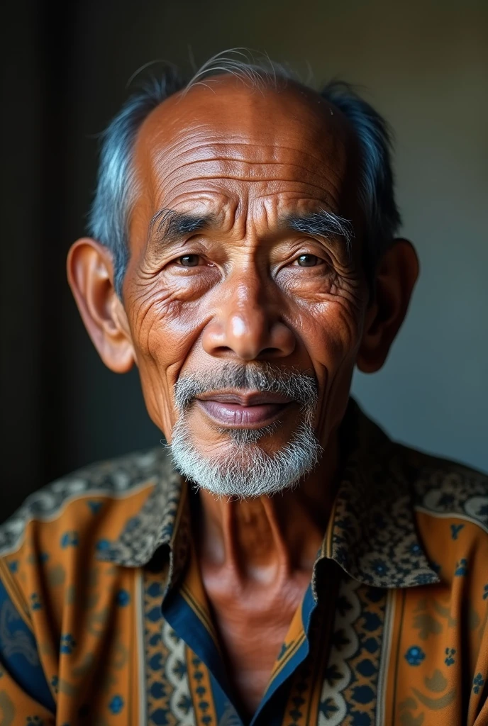 photo of a javanese old man with slightly bald, slightly skinny, black hair and neatly trimmed beard and moustache wearing batik tshirt