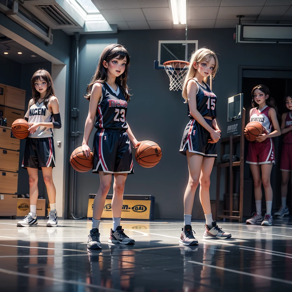 ExtremelyDetailed (((Basketball Team Girls in a row:1.4))), Childish perfect face, Reflective Eyes, Detailed(Delicate Clothing textures), Corrected Leg to Foot Line, Corrected Perfect Hand, Dynamic Joyful Expressions LifeLike Rendering, ((Specular Reflection:1.28)), TopQuality 8K Ultra-detailed masterpiece (ProfessionalPhoto:1.37)(Acutance:0.8),(Luminism:1.22), ((Changing Clothes Exposed Underwear))