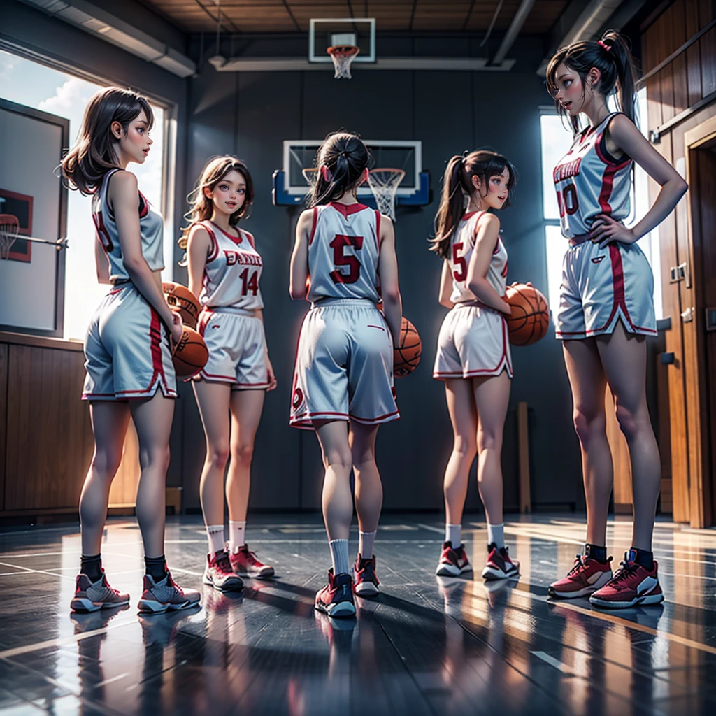 ExtremelyDetailed (((Basketball Team Girls in a row:1.4))), Childish perfect face, Reflective Eyes, Detailed(Delicate Clothing textures), Corrected Leg to Foot Line, Corrected Perfect Hand, Dynamic Joyful Expressions LifeLike Rendering, ((Specular Reflection:1.28)), TopQuality 8K Ultra-detailed masterpiece (ProfessionalPhoto:1.37)(Acutance:0.8),(Luminism:1.22), ((Changing Clothes Exposed Underwear))