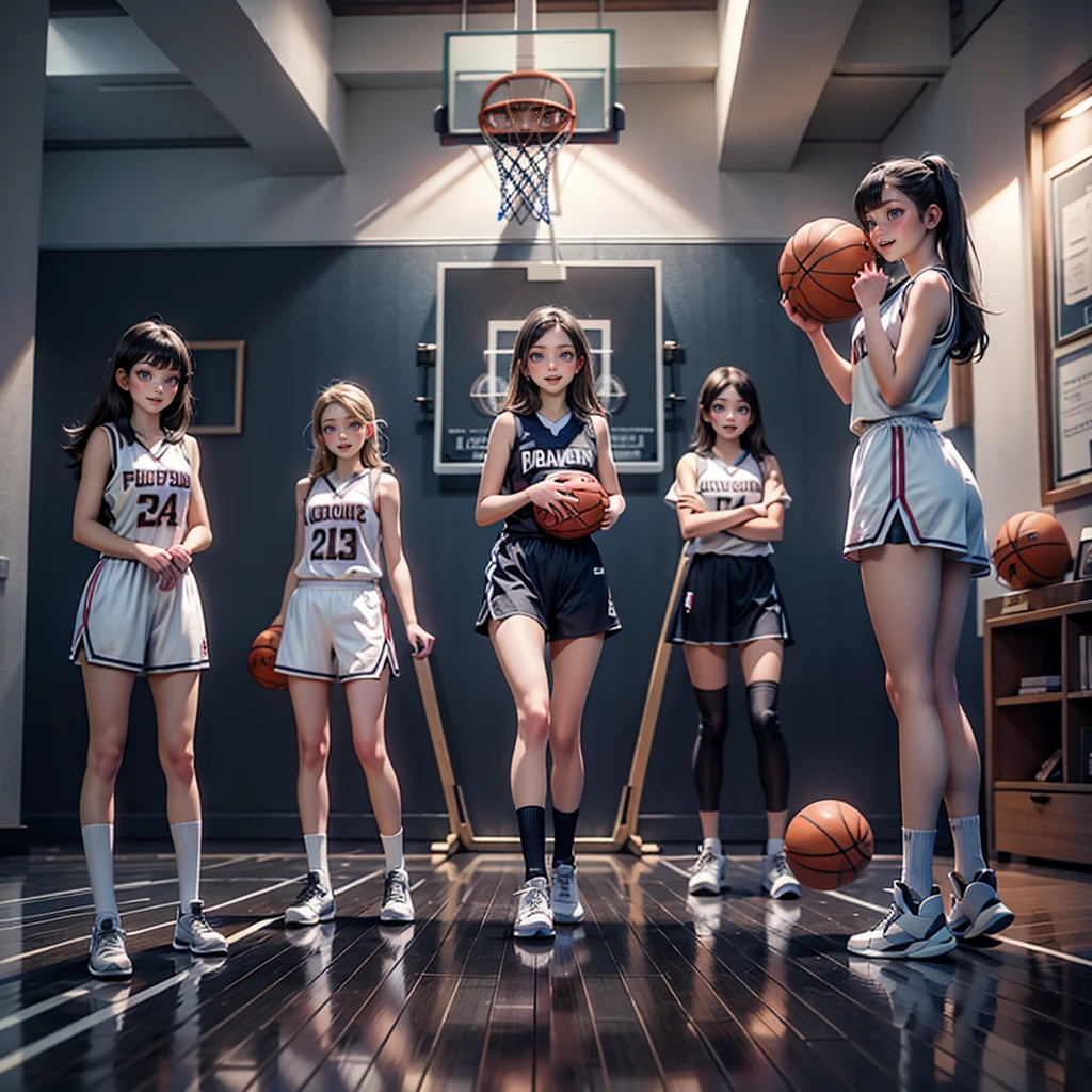 ExtremelyDetailed (((Basketball Team Girls in a row:1.4))), Childish perfect face, Reflective Eyes, Detailed(Delicate Clothing textures), Corrected Leg to Foot Line, Corrected Perfect Hand, Dynamic Joyful Expressions LifeLike Rendering, ((Specular Reflection:1.28)), TopQuality 8K Ultra-detailed masterpiece (ProfessionalPhoto:1.37)(Acutance:0.8),(Luminism:1.22), ((Changing Clothes Exposed Underwear))