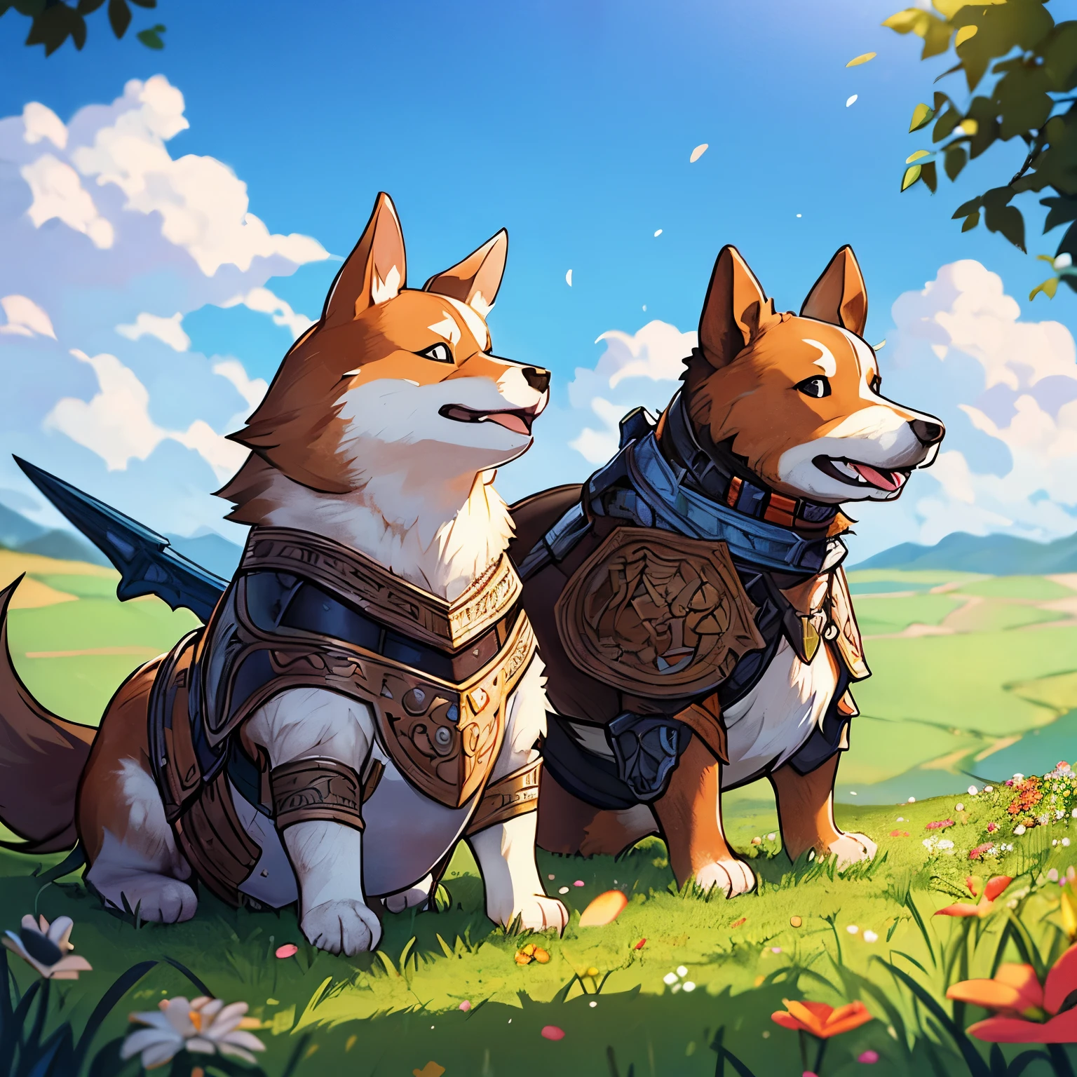 A brave corgi, dressed in a small, detailed leather armor, stands proudly beside its heroic companion in a vast, open field. The corgi's ears are perked up, and its eyes gleam with determination. Next to the corgi, a tall, valiant warrior clad in shining armor holds a sword and shield, looking out towards the horizon. The warrior's armor is decorated with intricate engravings, and a flowing cape billows gently in the breeze. The field is covered in lush green grass with wildflowers scattered throughout, and in the distance, rolling hills meet the clear blue sky. The scene captures a moment of unity and readiness, as the corgi and its heroic companion prepare for their next adventure together.