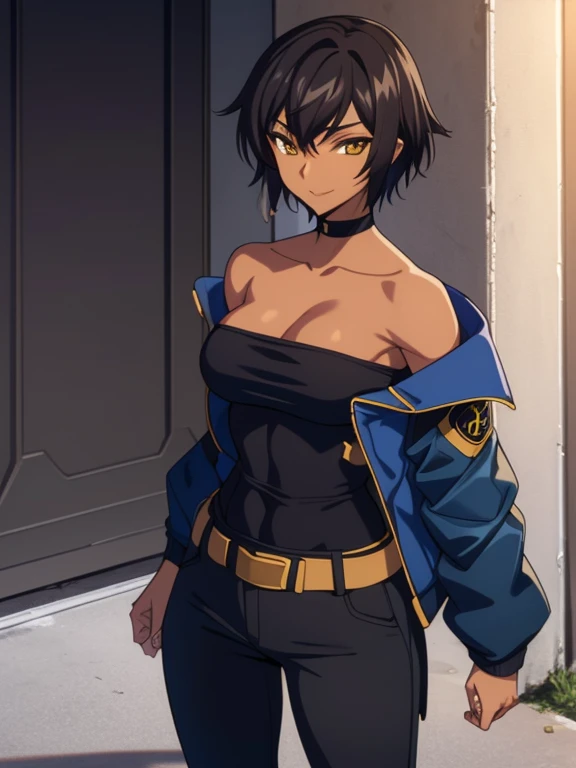 Code Geass style, outdoors, Empty City at Night, 1girl, solo, 26 years old, tomboy, Short Black Hair, (tan-bronze skin), yellow eyes, medium breasts, cleavage, (Midriff), ((Wearing: opened blue jacket, Strapless black top, Belt, Black Tight Pants:1.3)), toned, hourglass figure, athletic, agile physique, snarky expression, looking at viewer, wide smile, (agile physique:1.1), upper body , ((masterpiece))
