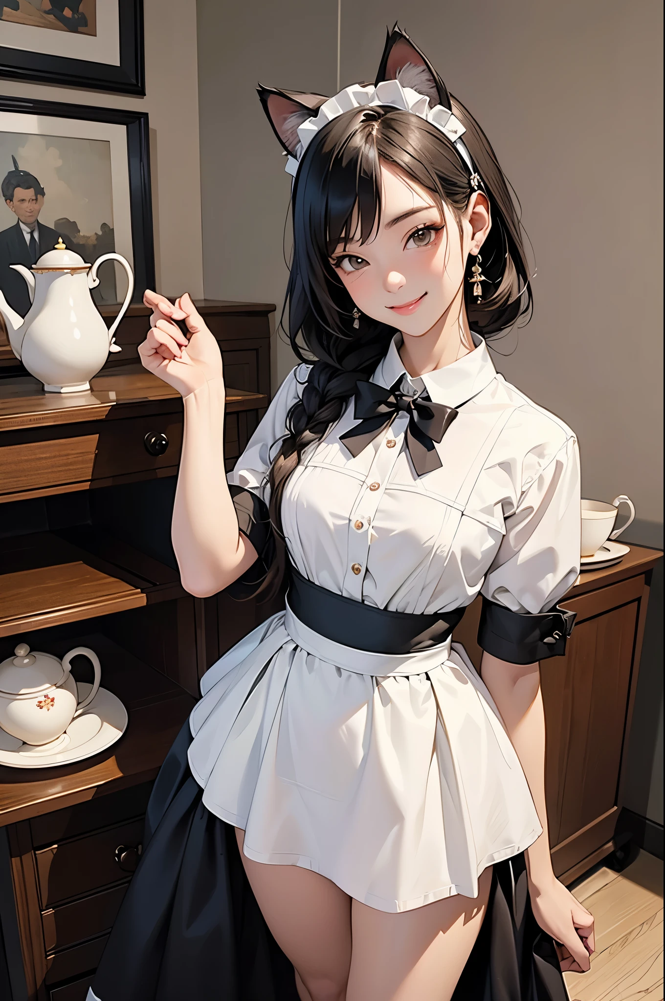 masterpiece, Very detailed, Cat Ear Maid, Maid clothes, Tea set on the desk, Standing full-body portrait, Shyness, Smiling shyly, Small breasts, Clothing that doesn&#39;t reveal much skin, A cat ear headband adorns her head., The apron covers the chest, Finely detailed face, Hands gently holding a teacup, High resolution, 4K, Maid clothesとティーセットの美しいレンダリング, The maid has an embarrassed look on her face., Cheeks turn slightly red, Detailed shading on face and uniform, 8k, World Class Quality, Very detailed, High resolution, perfectly