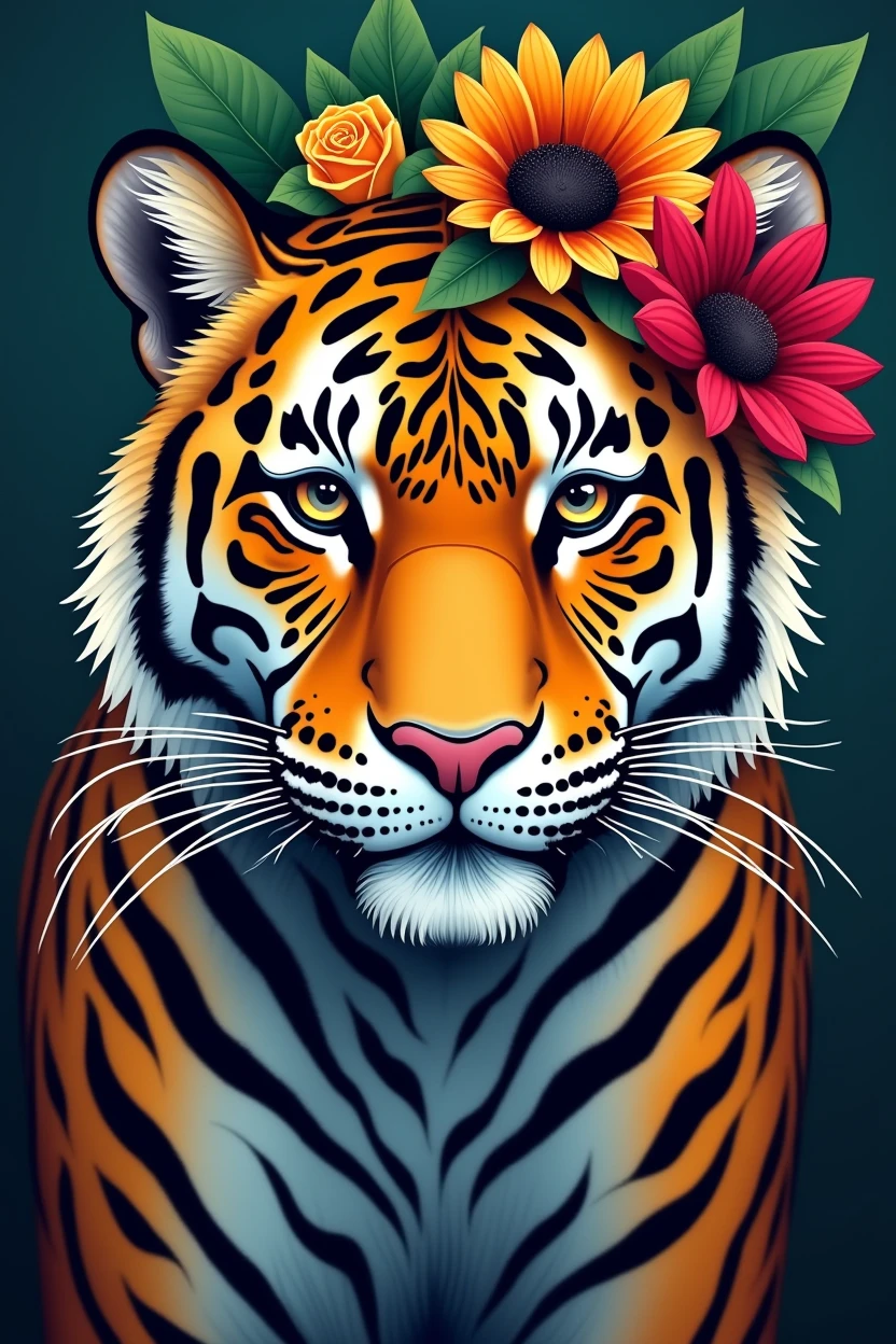 Create a fantastic Amazonian jaguar. A mix of jaguar and tiger,leopard spots on the face, flowers in the head, sunflower, lilies, daisy, roses, color full, rainbow colours,spectacular, vibrant, no signature, no watermark