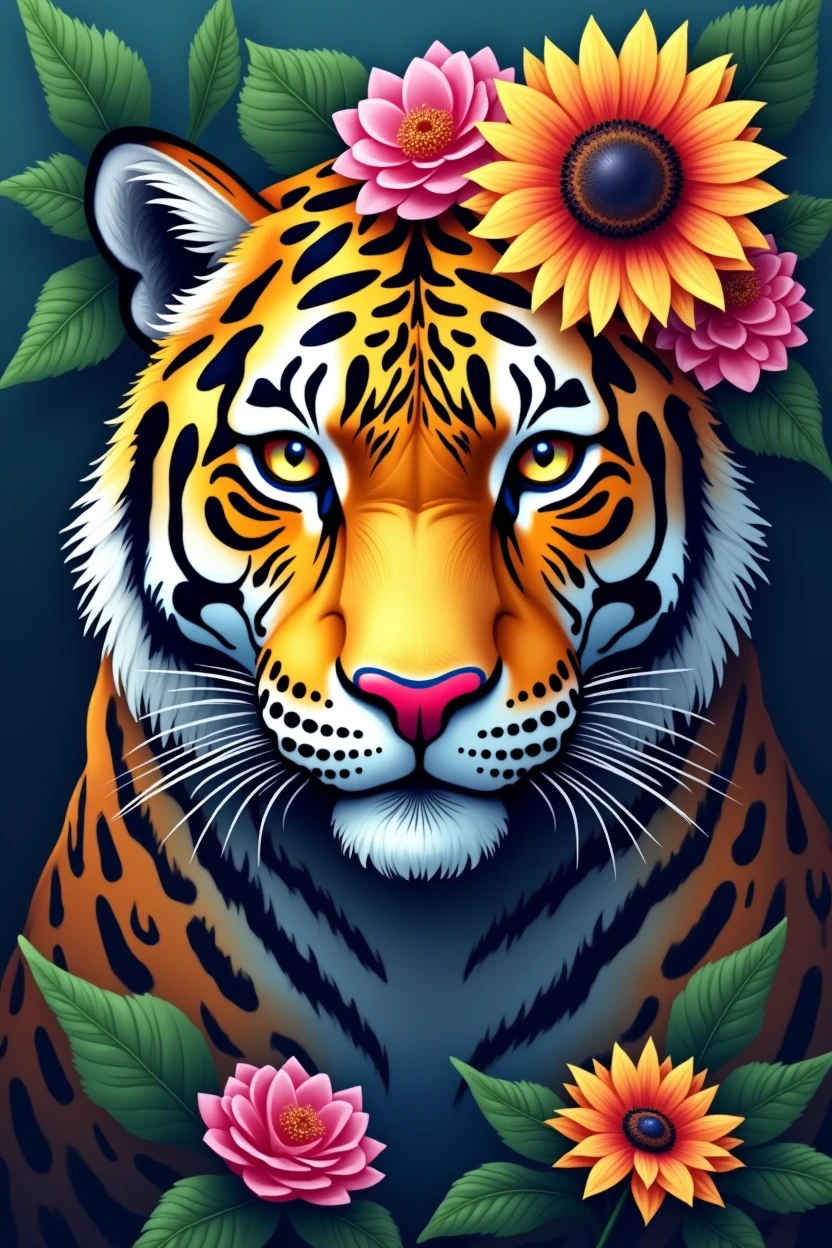 Create a fantastic Amazonian jaguar. A mix of jaguar and tiger,leopard spots on the face, flowers in the head, sunflower, lilies, daisy, roses, color full, rainbow colours,spectacular, vibrant, no signature, no watermark