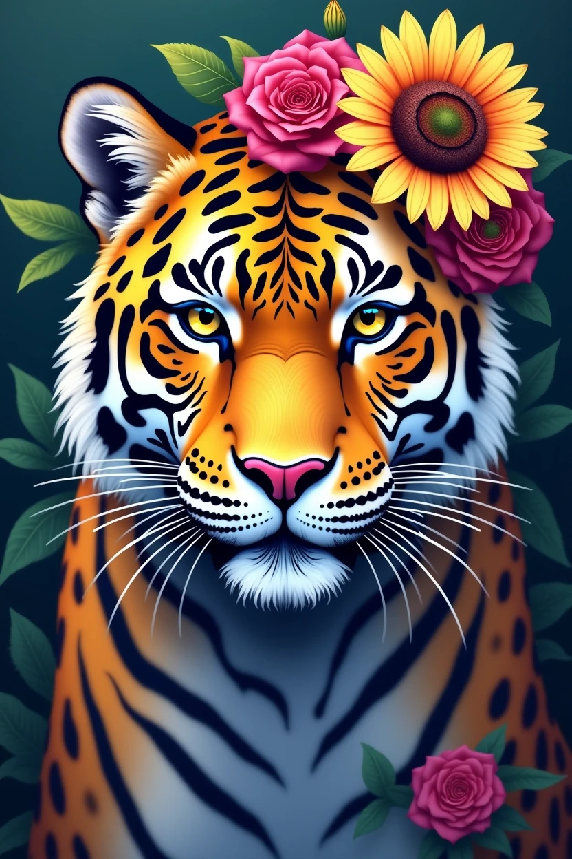 Create a fantastic Amazonian jaguar. A mix of jaguar and tiger,leopard spots on the face, flowers in the head, sunflower, lilies, daisy, roses, color full, rainbow colours,spectacular, vibrant, no signature, no watermark