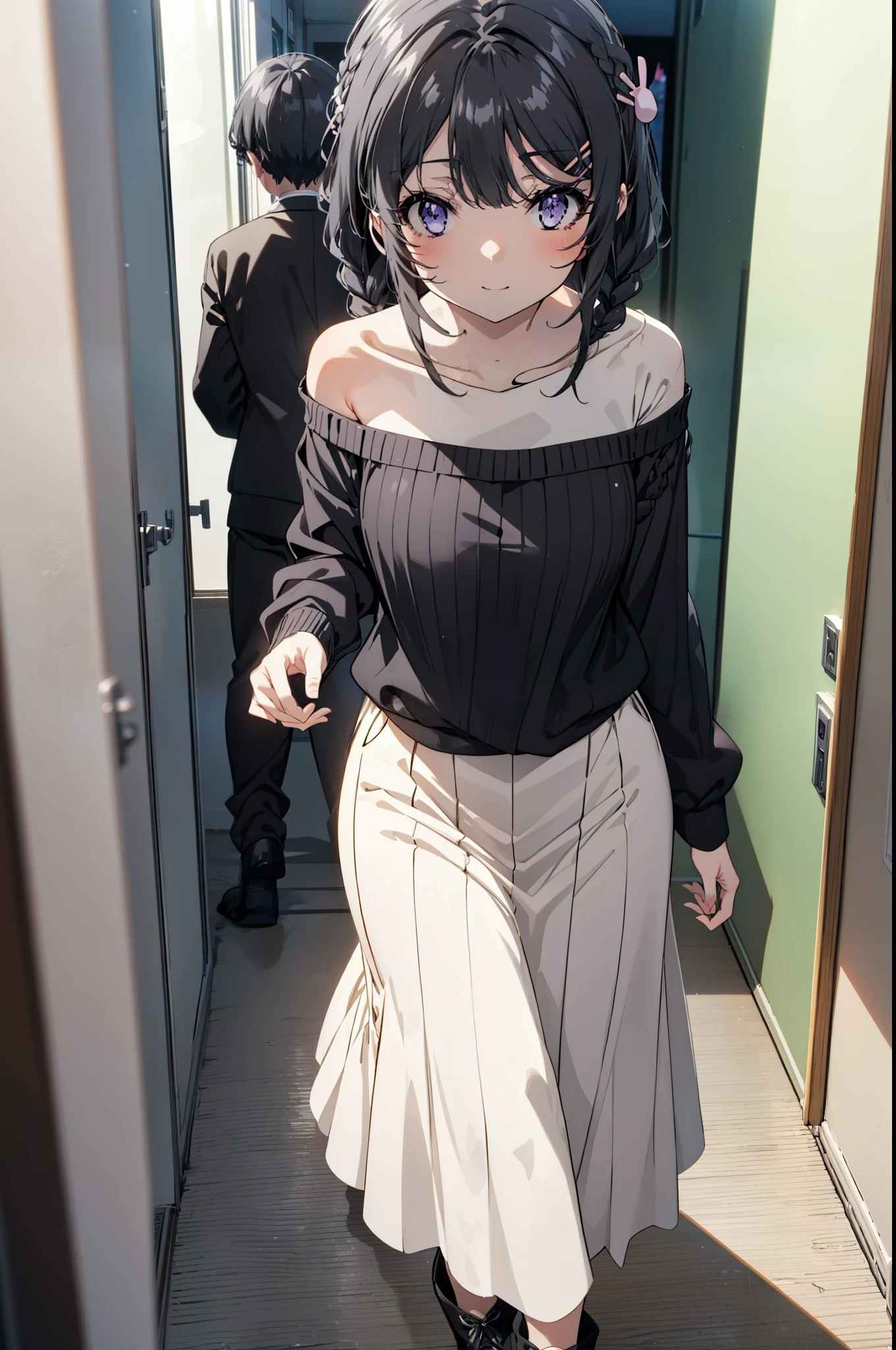 maisakurajima, mai sakurajima, Long braids, bangs, (Black Hair:1.5), hair ornaments, (Purple eyes:1.1), Hair Clip, rabbit hair ornaments,smile,blush,Glasses,One-shoulder sweater,Long skirt,Black pantyhose,short boots,Daytime,Clear skies,Walking,whole bodyがイラストに入るように,
break indoors, University corridor,
break looking at viewer, whole body,
break (masterpiece:1.2), Highest quality, High resolution, unity 8k wallpaper, (figure:0.8), (Beautiful attention to detail:1.6), Highly detailed face, Perfect lighting, Highly detailed CG, (Perfect hands, Perfect Anatomy),