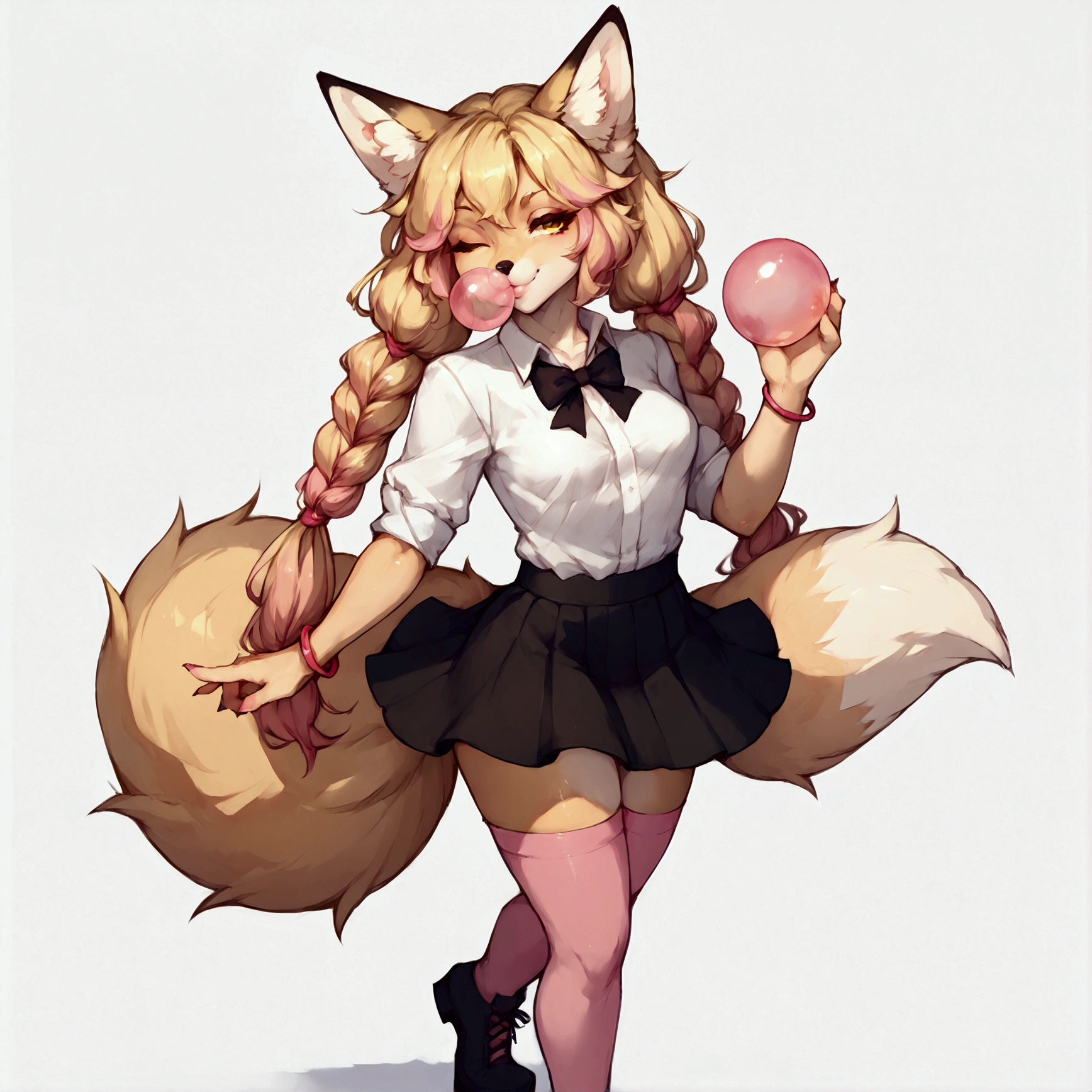 Solo, score_9,score_8_up,score_7_up, Kimiko, Anthro, Anthro furry blonde fox girl, blonde fur, long blonde hair, hair in pigtails, pink highlights in hair, yellow eyes, winking, one eye closed, smiling, fox ears and tail, she is wearing white preppy blouse, black skirt, black pump boots, pink thigh high socks, pink bracelets, lips puckered, blowing a bubble with bubblegum, bubblegum bubble in mouth, playful sexy pose, standing, hands to her side, simple white background, holding up a piece sign 