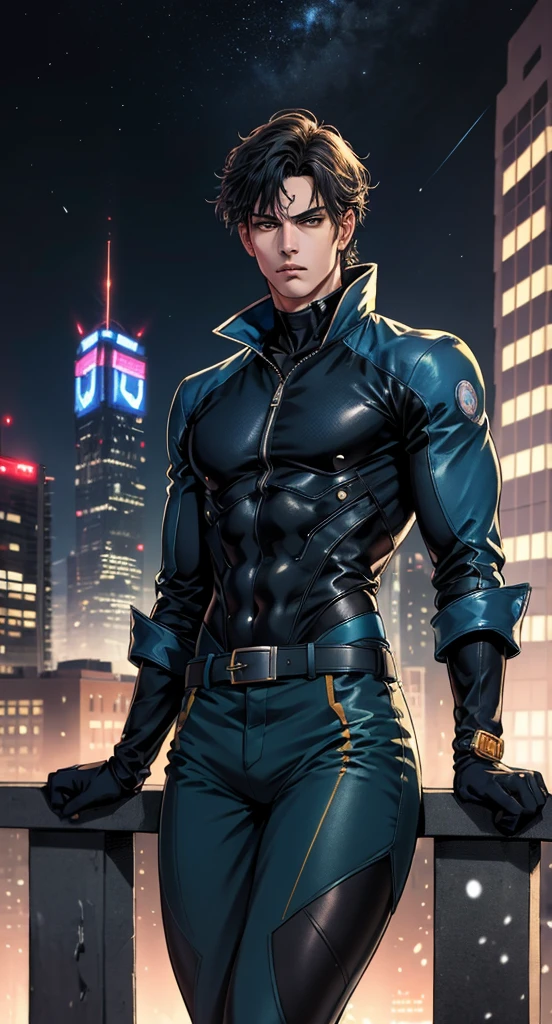 HomelanderComicACC, a man with black hair, stands tall and imposing, a futuristic sci-fi style blue winter jacket, a dark blue bodysuit, matching trousers, a belt cinched at the waist, colorful grey gloves, he stands atop a futuristic high-rise, he surveys the city night view, this character embodies a finely crafted futuristic sci-fi, exquisite and mature manga art style, high definition, best quality, highres, ultra-detailed, ultra-fine painting, extremely delicate, professional, perfect body proportions, golden ratio, anatomically correct, symmetrical face, extremely detailed eyes and face, high quality eyes, creativity, RAW photo, UHD, 32k, Natural light, cinematic lighting, masterpiece-anatomy-perfect, masterpiece:1.5