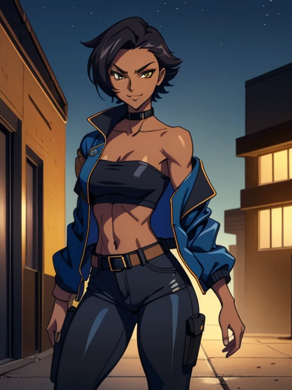 Code Geass style, outdoors, Empty City at Night, 1girl, solo, 26 years old, tomboy, Short Black Hair, (tan-bronze skin), yellow eyes, medium breasts, cleavage, (Midriff), ((Wearing: opened blue jacket, Strapless black top, Belt, Black Tight Pants:1.3)), toned, hourglass figure, athletic, agile physique, snarky expression, looking at viewer, wide smile, (agile physique:1.1), upper body , ((masterpiece))
