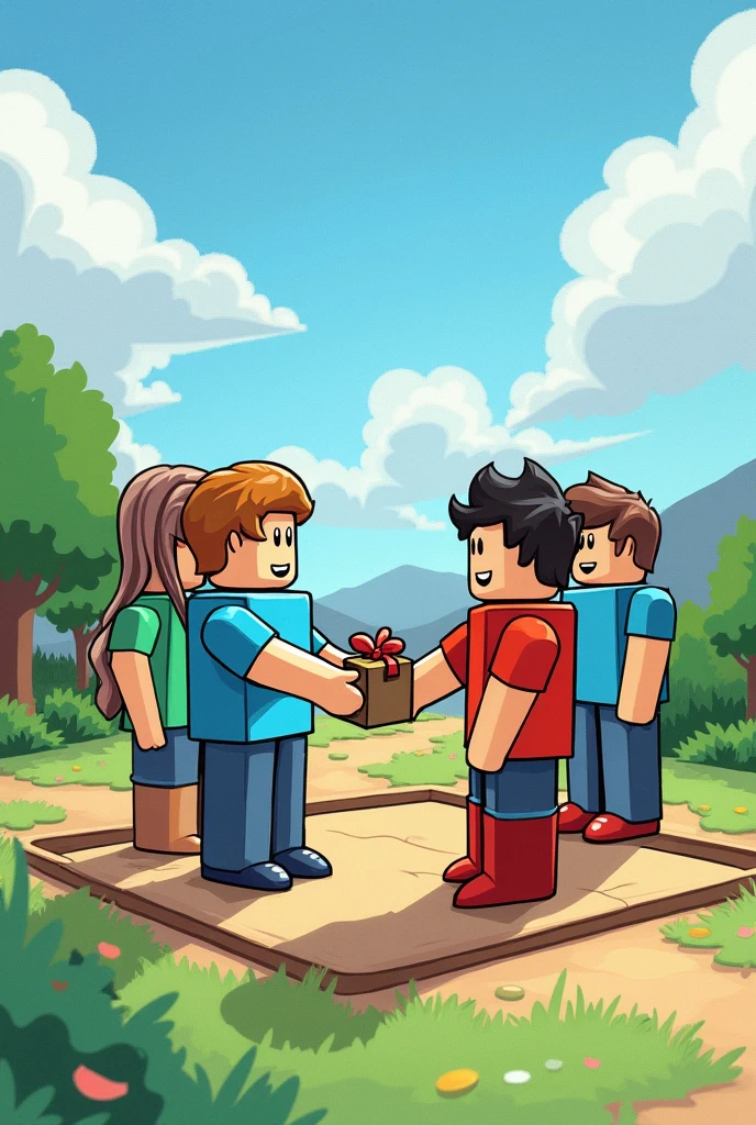 Create a cover image for a game called 'RBX Donate'. The scene should show several Roblox style characters (with geometric shapes and blocks) in a square, where one of them is donating Robux to another. Characters and surroundings should look hand drawn, with visible lines and soft shading. besides, I want the image to be painted with colors, but in a way that looks like it was handmade, as if it were colored with watercolors or colored pencils, maintaining an artisanal and artistic style