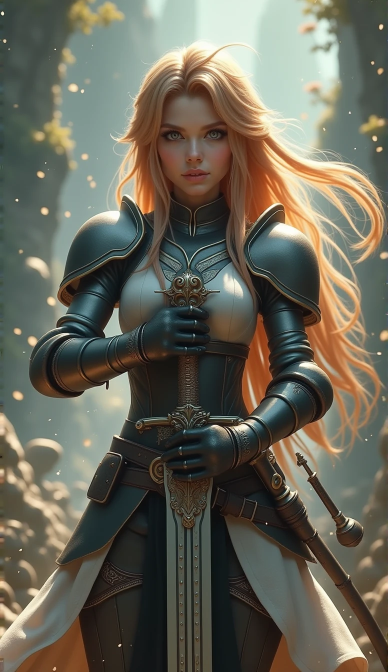 Theme of the game Final Fantasy. Image of a bronze-haired girl standing holding her favorite sword, wearing light armor in black and white, pastel colors, and dramatic tones. A masterpiece with the highest resolution , Image type surreal