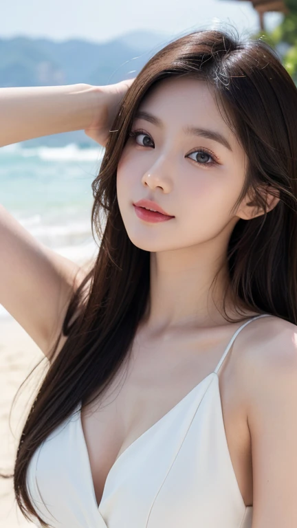 masterpiece、1 beautiful girl、 (Reality: 1.4), Japanese、asian beauty、Super beautiful、beautiful skin、Thin、(whole body)、(超Reality的な)、(High resolution)、(8k)、(Very detailed)、(Super detailed)、big eyes、Brown eyes、Long eyelashes、Detailed face、glossy lip,Bright lights、professional lighting、looking at camera、Serious expression、look directly、long hair、brown hair、sea view、Nogizaka Idol、actor、20 years old、Large Breasts、Large Breasts、wet skin、White thin shoulder jumpsuit、Cleavage cut、baby face、Moisturizing and realistic skin texture、moist lips、Natural shades、(raise arms),NSFW,Smile