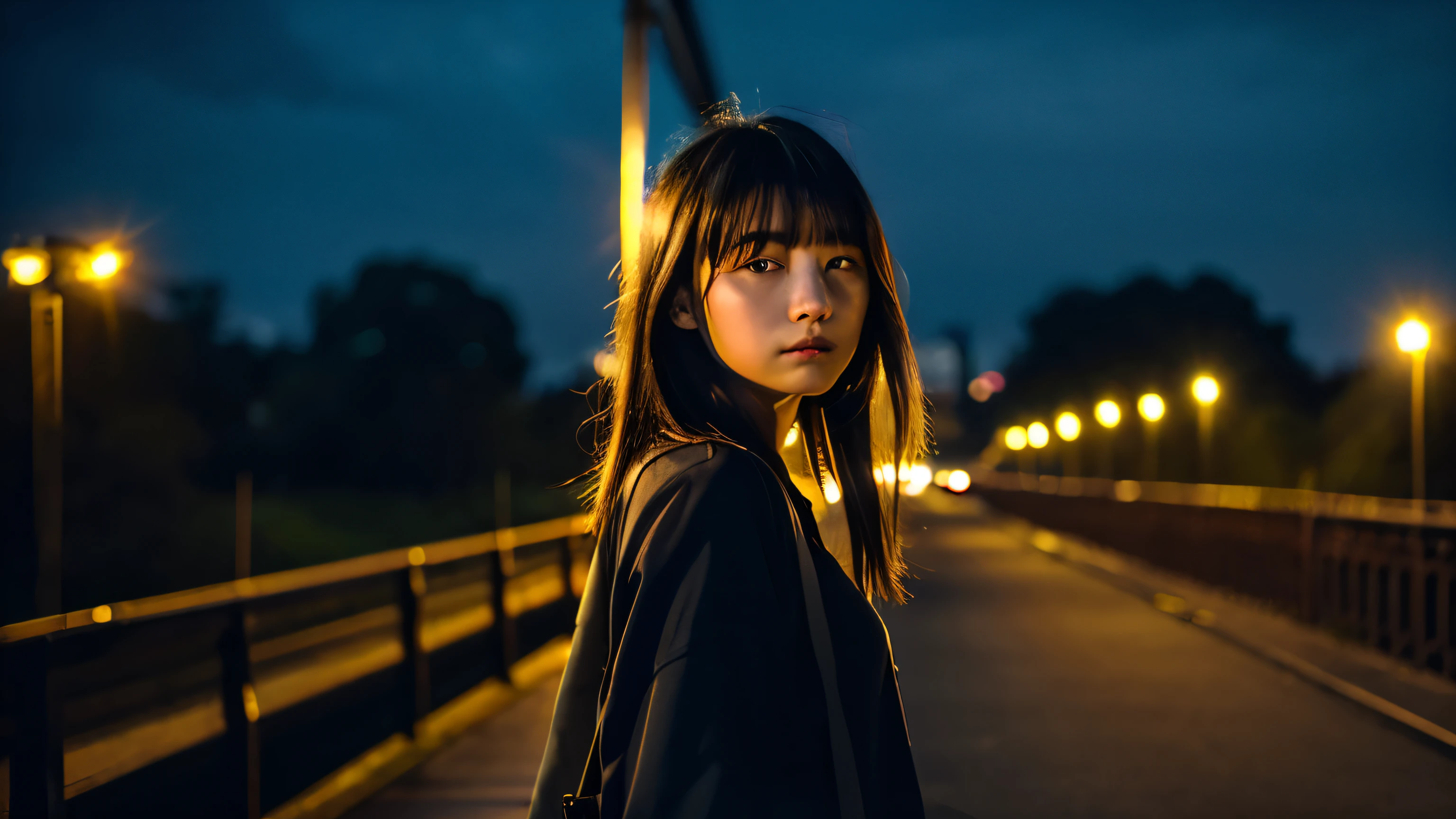 in a quiet twilight、standing on an old bridge、 Beautiful realistic Japanese girl stroking her hair blowing in the wind、Staring into the distance。In her eyes、There's a sad glow somewhere.around her、Twilight engulfs the city、It feels a little 。