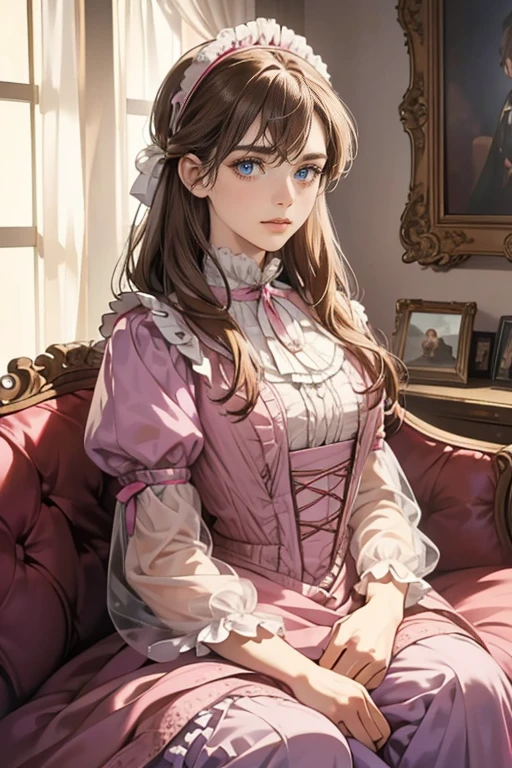 (Masterpiece, high resolution, Very detailed:1.0), (1 girl, Eyes looking at the camera, Perfect male body, cg Very detailed,  complicated details, Solo person, (Deep amber-blue eyes), (Long light brown hair), [], living room, (Pink Victorian Dress),An arrogant expression.,victorian era,color difference, depth of field, , Ray Tracing, best quality, movie light, official art, Portrait