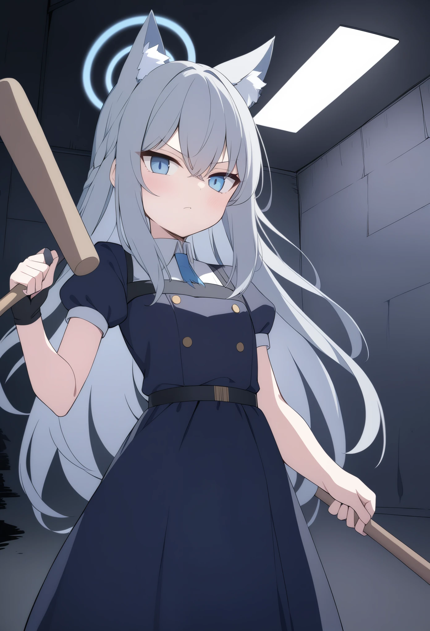 girl，Silver long hair, blue eyes, blue halo，Bad girl dress up，Gray wolf ears，Arrogant expression，With a baseball bat，In the dark alley