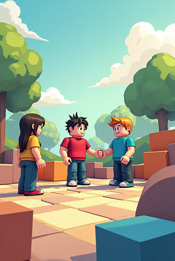 Create a cover image for a game called 'RBX Donate'. The scene should show several Roblox style characters (with geometric shapes and blocks) in a square, where one of them is donating Robux to another. Characters and surroundings should look hand drawn, with visible lines and soft shading. besides, I want the image to be painted with colors, but in a way that looks like it was handmade, as if it were colored with watercolors or colored pencils, maintaining an artisanal and artistic style