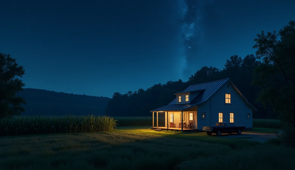 a small two-story farm with a parked vehicle, surrounded by cornfields with a dense forest and a starry night sky, detailed night landscape, realistic, photorealistic, photo-realistic:1.37, best quality,4k,8k,highres,masterpiece:1.2,ultra-detailed,dramatic lighting,dramatic shadows,volumetric lighting,glowing stars,dense forest,lush vegetation,corn crops,farmhouse,parked car,starry night sky,realistic night scene