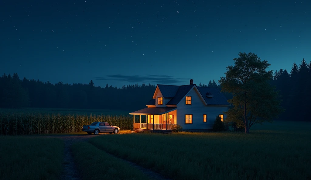 a small two-story farm with a parked vehicle, surrounded by cornfields with a dense forest and a starry night sky, detailed night landscape, realistic, photorealistic, photo-realistic:1.37, best quality,4k,8k,highres,masterpiece:1.2,ultra-detailed,dramatic lighting,dramatic shadows,volumetric lighting,glowing stars,dense forest,lush vegetation,corn crops,farmhouse,parked car,starry night sky,realistic night scene