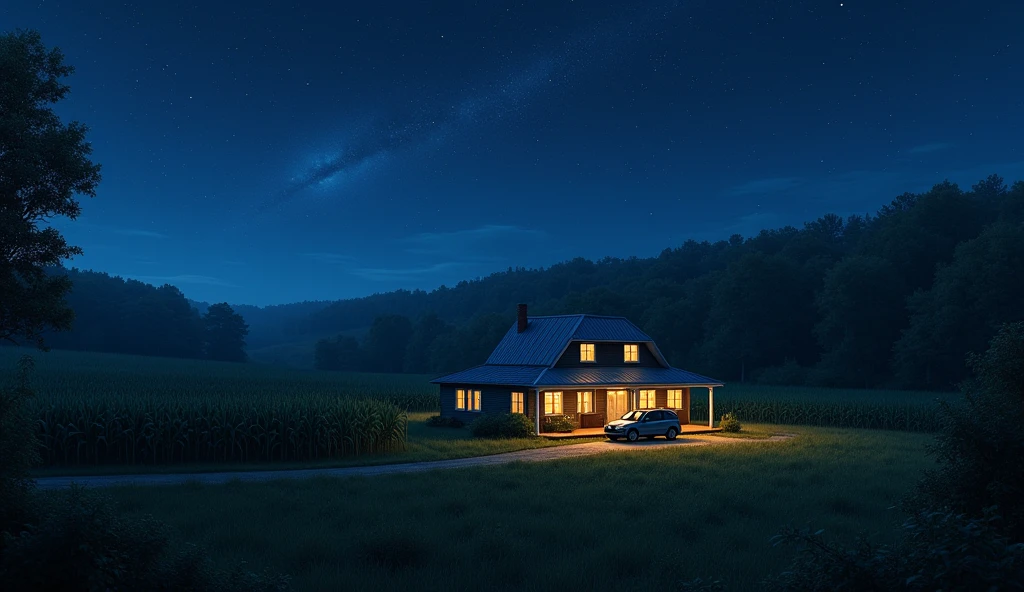a small two-story farm with a parked vehicle, surrounded by cornfields with a dense forest and a starry night sky, detailed night landscape, realistic, photorealistic, photo-realistic:1.37, best quality,4k,8k,highres,masterpiece:1.2,ultra-detailed,dramatic lighting,dramatic shadows,volumetric lighting,glowing stars,dense forest,lush vegetation,corn crops,farmhouse,parked car,starry night sky,realistic night scene