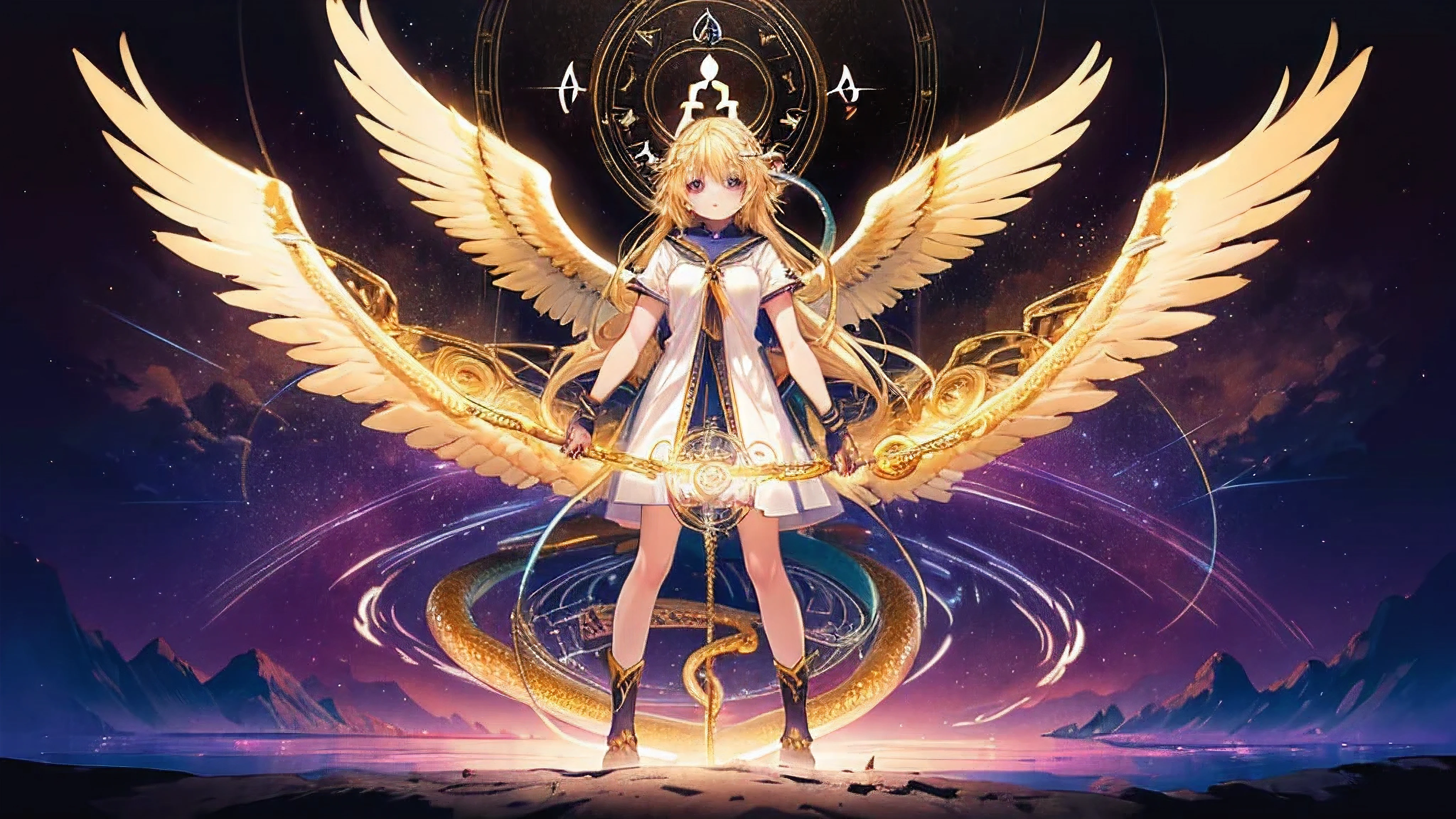 Superb quality from the god of art, Very detailed, High resolution, Anime Moe Art Style, Best Anime 8K Konachan Wallpaper, pixiv Contest Winner, Perfect Anatomy ((((Major Arcana Love)))) (((reason thought magic circle background))) ((Golden Eyes Blonde center center close-up)) ((Hermes)) (((Entangled snakes))) (((Under the shining sun、An archangel with his arms wide open、A composition of power pouring down on the ground))) incantation Runes Shining Background Shining Edges 16:9 Image Sizes