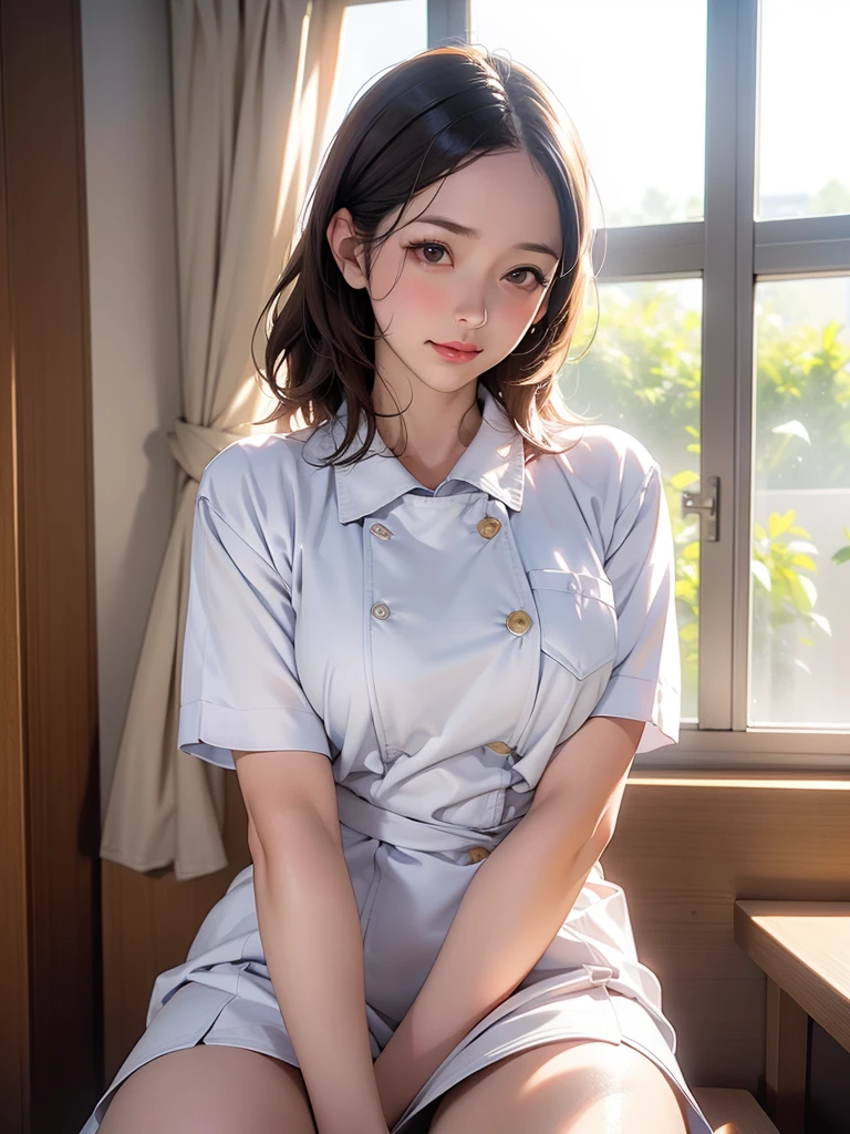 Nurse having sex、Highest quality、Highest quality、Super detailed、Particles of light:0.5、、Hospital room、Beautiful Eyes、Natural Texture、、French Braid、Body wet with semen、Wet vagina、Exposed female genitalia、、Vagina in full view、、Male genitalia enter female genitalia、Small and beautiful female genitalia、White nurse uniform、A little cleavage、cute、Sexy and cute