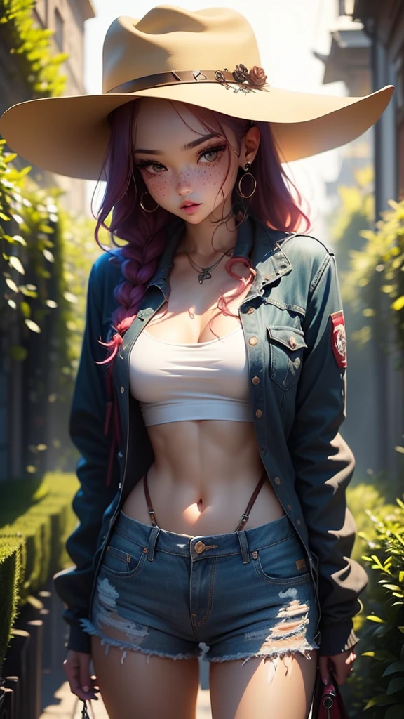 shuffle dance cowboy in garden. slender and perfect figure. tight denim shorts. crop top. freckles, beautiful face. sparkly skin. sparkly eyes. masterpiece, intricate detail. cowboy hat. boots
