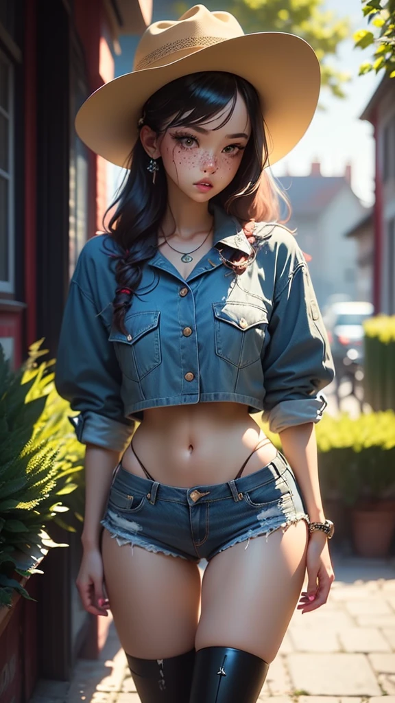 shuffle dance cowboy in garden. slender and perfect figure. tight denim shorts. crop top. freckles, beautiful face. sparkly skin. sparkly eyes. masterpiece, intricate detail. cowboy hat. boots