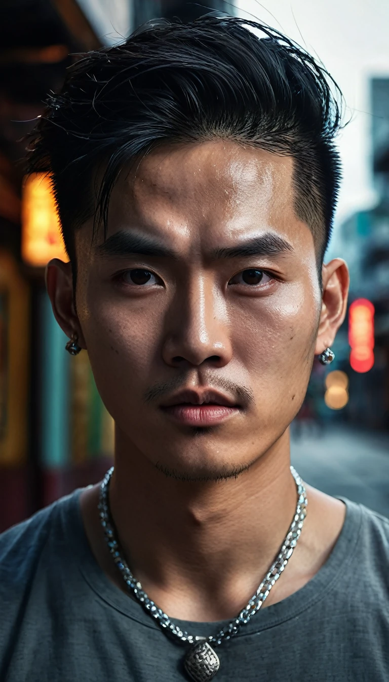 Photo of a young Vietnamese man, half-body, gentle features, muscular, tattooed, wearing a necklace, hair tied up, street scene, gangster style, romance. Kind, slightly curved lips suggesting a faint smile. Wide, almond-shaped eyes with a deep, melancholic gaze. Eyebrows slightly furrowed, conveying inner turmoil. Eyes are filled with sadness and longing. Smooth forehead with a hint of worry lines. 
The atmosphere is tense and foreboding, with a hint of supernatural energy. HongKong cinema.Hyper-realistic digital painting style with fine details. High-resolution image emphasizing texture of skin and eyes. Hyper-realistic digital art style, high contrast, dramatic lighting. Cinematic lighting, high detail, 8k, artstation, conceptual art, dark fantasy. Photo taken with Canon EOS R5 85mm f/11 camera, ((sharp)) mode of people and surrounding scenery. Image quality ((8K)), ((realistic)), ((masterpiece)), ((sharpest and highest contrast)), ((excellent depth of field)), ((stereoscopic lighting)), ((Kind, nice)), detailed pores.