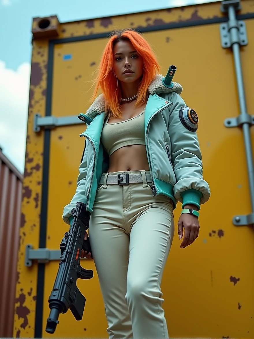 A young woman, around 18 years old, with long hair that starts as a bright celeste at the roots and gradually transitions into a vibrant orange towards the tips. She has a confident yet innocent expression, in a cyberpunk style. The scene is viewed from a low angle, about 80 degrees, taken from the front, with the camera positioned on the ground only 50 cm away from her. She is standing on top of a worn yellow steel container, which shows signs of age and use, with chipped paint revealing the raw metal underneath. The woman is standing in a pose that forms the shape of an 'A' with her legs apart and her body slightly leaning forward, emphasizing her stance and power. She is wearing a two-piece swimsuit that is heavily detailed with cyberpunk elements: there are miniature compasses, digital indicators, and small tubes integrated into the fabric, all glowing with a futuristic light. The swimsuit is sleek but visually complex, saturated with high-tech details that give it a very advanced and cybernetic look. The environment is a futuristic setting, and part of the sky is visible in the shot, adding depth and a sense of openness to the scene. In her right hand, she holds a cyberpunk-style weapon, a sleek and futuristic firearm with glowing accents. She is smiling innocently as she looks ahead, with subtle glowing data streams surrounding her, indicating her extraordinary abilities in this high-tech world.",
"size": "1024x1024