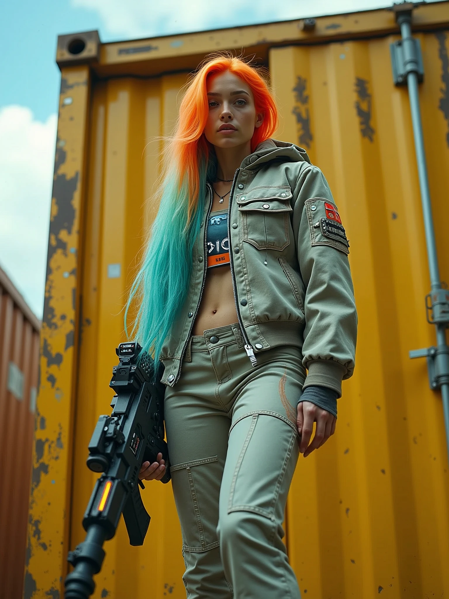 A young woman, around 18 years old, with long hair that starts as a bright celeste at the roots and gradually transitions into a vibrant orange towards the tips. She has a confident yet innocent expression, in a cyberpunk style. The scene is viewed from a low angle, about 80 degrees, taken from the front, with the camera positioned on the ground only 50 cm away from her. She is standing on top of a worn yellow steel container, which shows signs of age and use, with chipped paint revealing the raw metal underneath. The woman is standing in a pose that forms the shape of an 'A' with her legs apart and her body slightly leaning forward, emphasizing her stance and power. She is wearing a two-piece swimsuit that is heavily detailed with cyberpunk elements: there are miniature compasses, digital indicators, and small tubes integrated into the fabric, all glowing with a futuristic light. The swimsuit is sleek but visually complex, saturated with high-tech details that give it a very advanced and cybernetic look. The environment is a futuristic setting, and part of the sky is visible in the shot, adding depth and a sense of openness to the scene. In her right hand, she holds a cyberpunk-style weapon, a sleek and futuristic firearm with glowing accents. She is smiling innocently as she looks ahead, with subtle glowing data streams surrounding her, indicating her extraordinary abilities in this high-tech world.",
"size": "1024x1024
