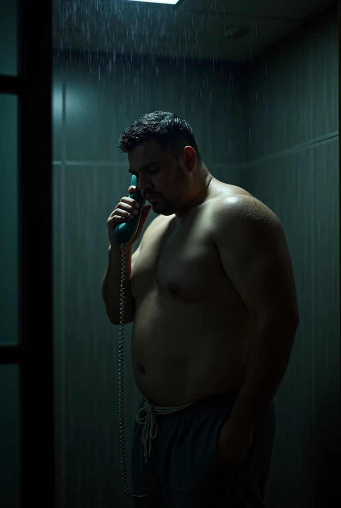 An Java-Indonesian man 30 years old his skin is white and his body is so big who had just taken a shower after swimming received a call from his landline in dark family room while his body was wet and still wearing a towel under his body
