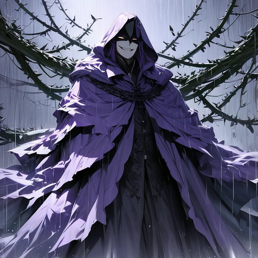 Masterpiece, Very detailed, Ultra-detailed, one man in a bright lavender cloak, sinister smile, standing in the rain, steel thorn vines all around