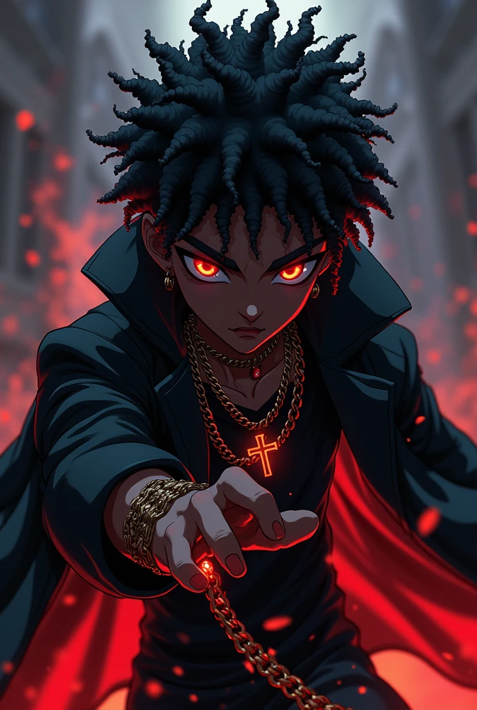 Black anime kid with all black clothes with a cross around his hand and neck and has dreads and glowing red and gold chains around his hands
Make his skin color black make him have curly fluffy dreads make him black with dreads he has a black large coat hanging off his shoulders now make him black with fluffy dreads put him fighting someone