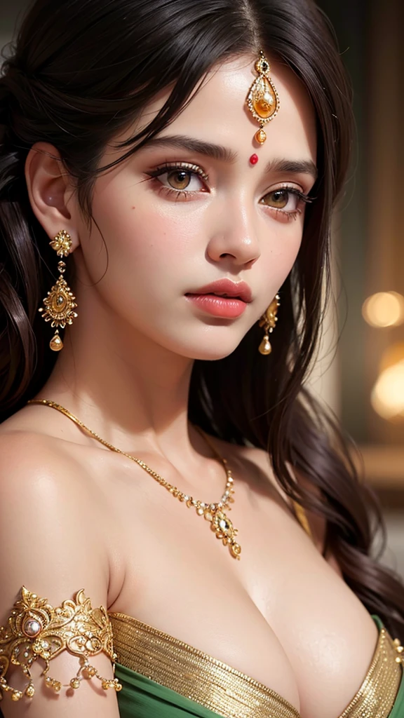 beautiful detailed eyes, beautiful detailed lips, extremely detailed eyes and face, long eyelashes, 1 girl, saree, jhumka earrings, sharp jawline, tall, big breasts, photorealistic, high quality, 8k, realistic, masterpiece, cinematic lighting, warm color palette, chiaroscuro lighting, dramatic lighting, portrait