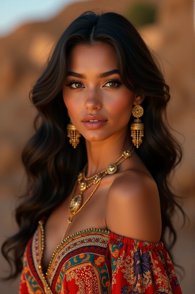 A beautiful Moroccan girl, dark brown eyes, 26 years old, almond shaped eyes, oval face shape, wavy hair, 170cm, 65kg, highly detailed face, detailed skin texture, elegant poses, colorful Moroccan dress, gold jewelry, natural lighting, dramatic shadows, warm color palette, portrait, realistic, photorealistic, 8k, masterpiece