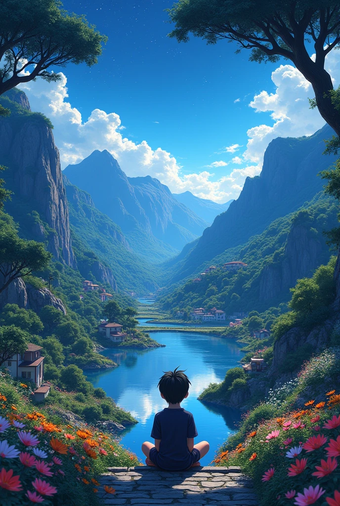 magnificent and spacious garden, mountains in the background, a boy sitting looking at the sky, floral flowers colorful, detailed landscape, Beautiful natural landscapes, atmospheric dark, evening and the stars and the moon, cold colours, practical, photopractical, Detailed Foliage, complex buildings, cobblestone street, Charming country house, swirly vibrant colors, lush vegetation, Still water reflections, Picturesque, idyllic, work of art, best qualityer, 8k, extremely detaild,anime styling