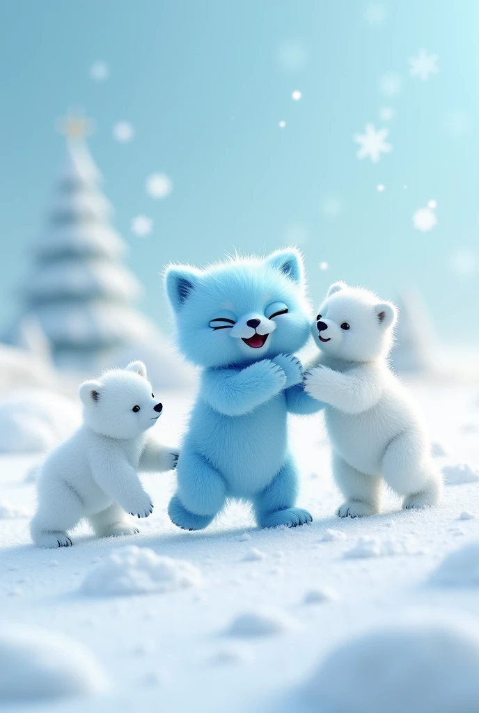 Blue furry cat playing with 3 polar bears in beautiful pastel white snow
