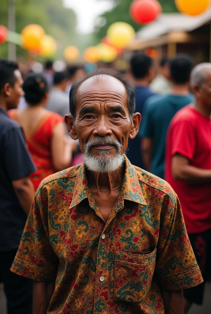 photo of a javanese old man with slightly bald, slightly skinny, black hair and neatly trimmed beard and moustache wearing batik tshirt. Background wedding partyv