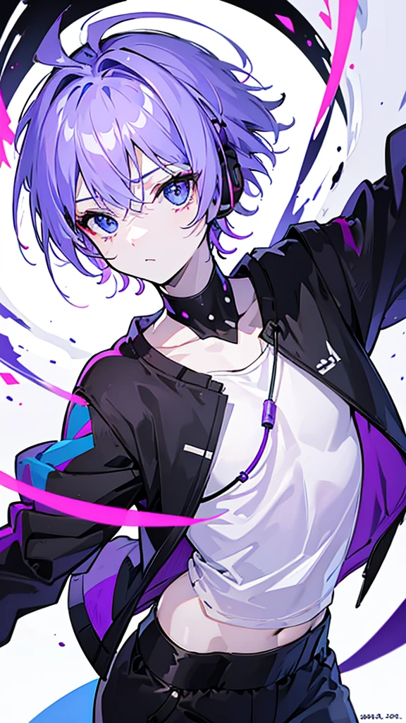((Highest quality)), ((masterpiece)), ((1 person)),Perfect Face、male、Purple hair color、Light blue eyes、Very short hair、vocal、pale colour、whole body、Black T-shirt、Headphones