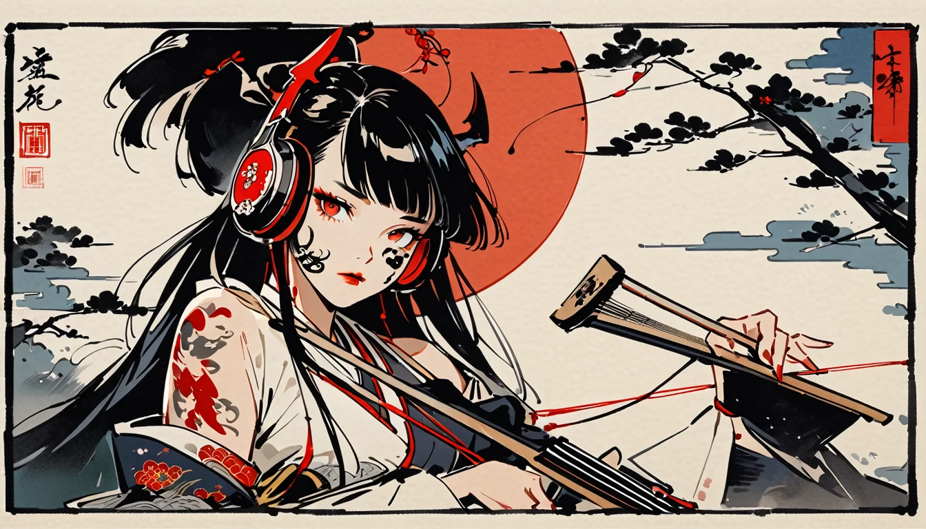 Ink Painting, (((独奏))), (((Tattoo on face))), (((Japanese String Instruments))), Japanese style headphones, Beautiful girl possessed by a demon, Black Hair, Red eyes, Delicate and precise, Modern ukiyo-e style