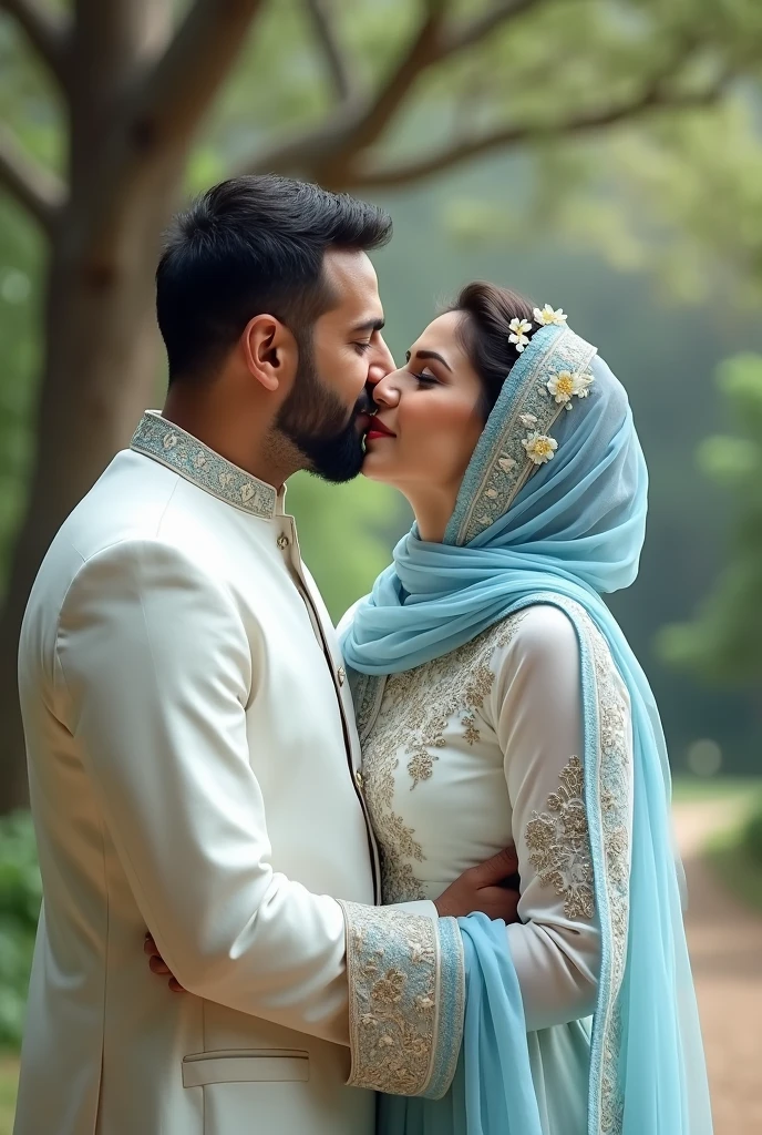 8k Pakistani bride 34 years old woman wearing shalwar qameez and dupatta in white colour with sky blue hijab and 40 years old male giving her chin kiss 