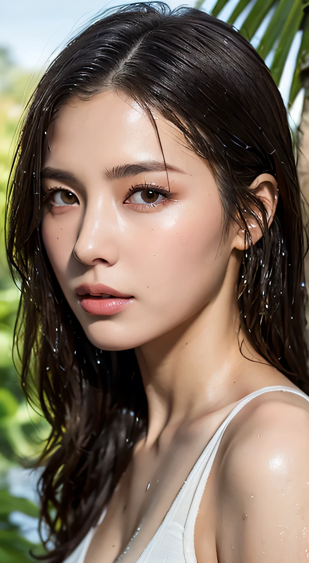 (Best quality, 4k, Masterpiece :1.3), gorgeous woman, 1girl, (skinny, fit, perfect body :1.2), abs :1.1, dark brown hair: 1.1, (rainy wet, wet body :1.2), under palm trees, ultra-detailed face, detailed lips, detailed eyes, double eyelid, large breasts