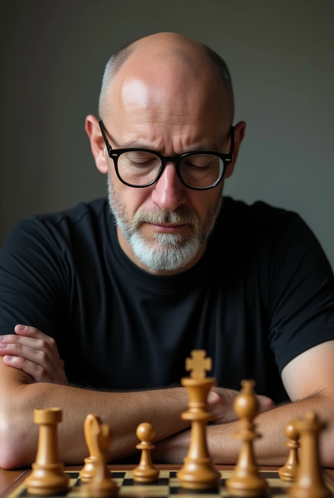 Completely bald Caucasian man , white beard and mustache and thin face round glasses black t-shirt , Aquiline nose thin lips playing chess