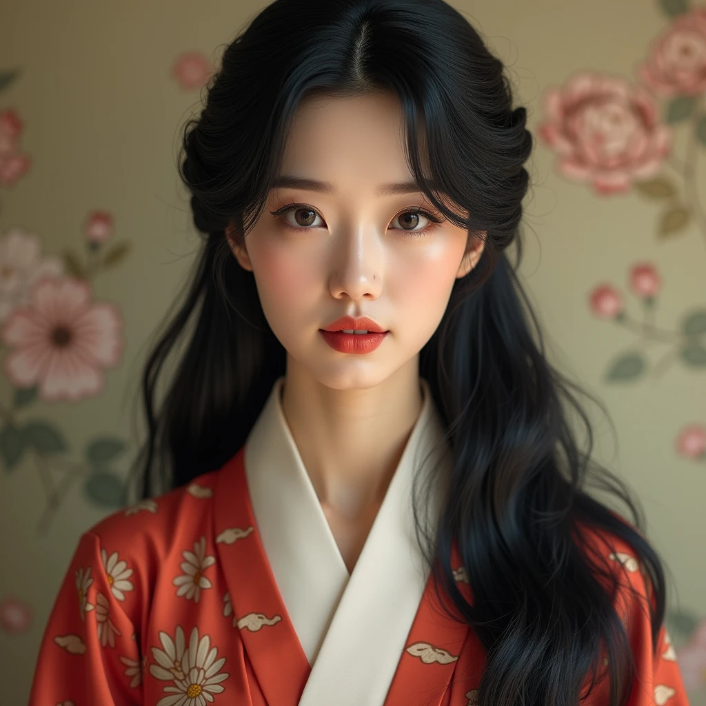 1930s Korean Beauty, black long hair, facing forward, Traditional Korean hanbok, Traditional Korean hairstyles, detailed eyes, detailed lips, detailed nose, masterpiece, ultra high definition, high detail, body facing forward, upper body, portrait